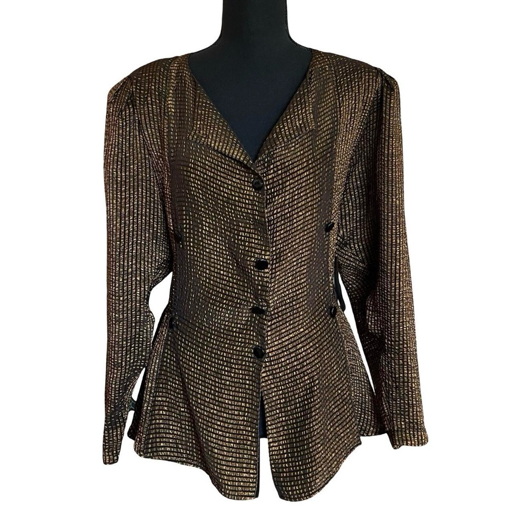Vintage Gold Brown Metallic Peplum Top with Black Buttons Size 4